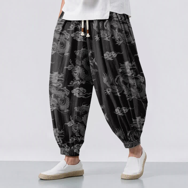 Buddha Stones Pure Cotton Dragon Clouds Pattern Drawstring Men's Harem Pants With Pockets - Black - US/UK/AU50，EU60 (5XL) - image 12