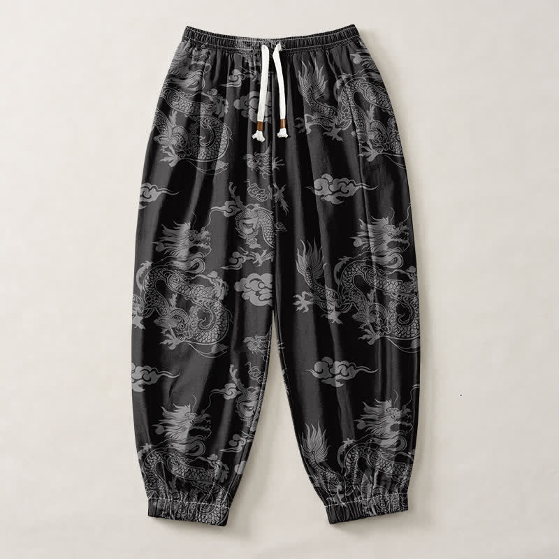 Buddha Stones Pure Cotton Dragon Clouds Pattern Drawstring Men's Harem Pants With Pockets - image 13