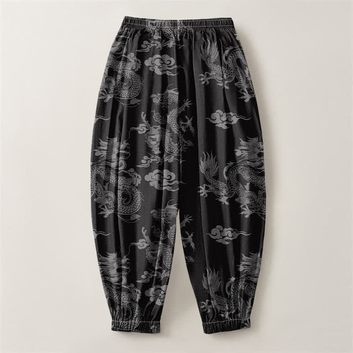 Buddha Stones Pure Cotton Dragon Clouds Pattern Drawstring Men's Harem Pants With Pockets - image 14
