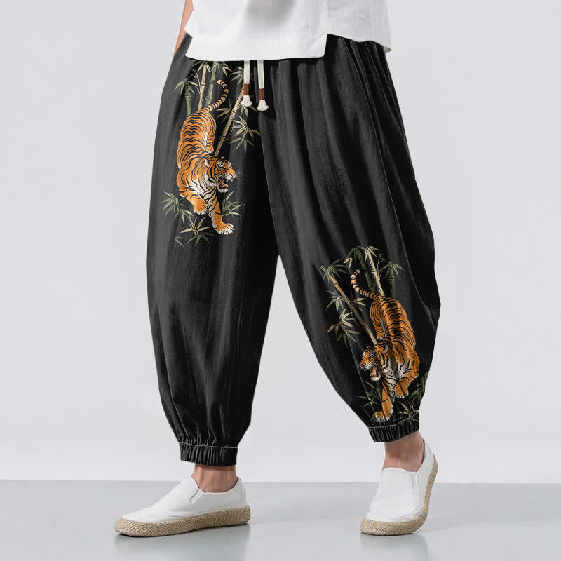 Buddha Stones Pure Cotton Tiger Bamboo Pattern Drawstring Men's Harem Pants With Pockets - Black - US/UK/AU50，EU60 (5XL) - image 0