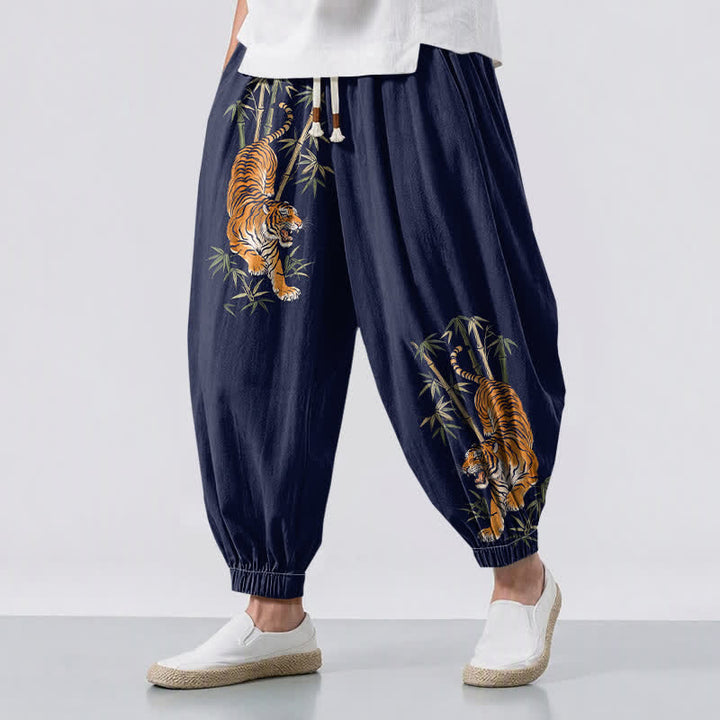 Buddha Stones Pure Cotton Tiger Bamboo Pattern Drawstring Men's Harem Pants With Pockets - Navy - US/UK/AU50，EU60 (5XL) - image 12