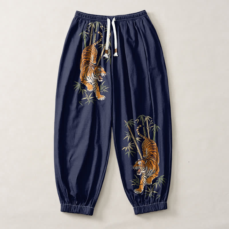 Buddha Stones Pure Cotton Tiger Bamboo Pattern Drawstring Men's Harem Pants With Pockets - image 13