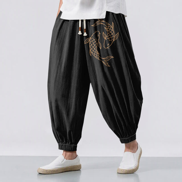 Buddha Stones Pure Cotton Double Koi Fish Pattern Drawstring Men's Harem Pants With Pockets - Black - US/UK/AU50，EU60 (5XL) - image 0