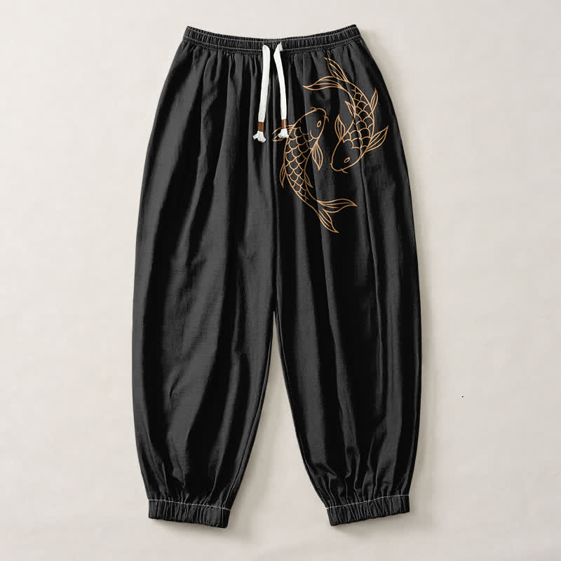 Buddha Stones Pure Cotton Double Koi Fish Pattern Drawstring Men's Harem Pants With Pockets - image 1