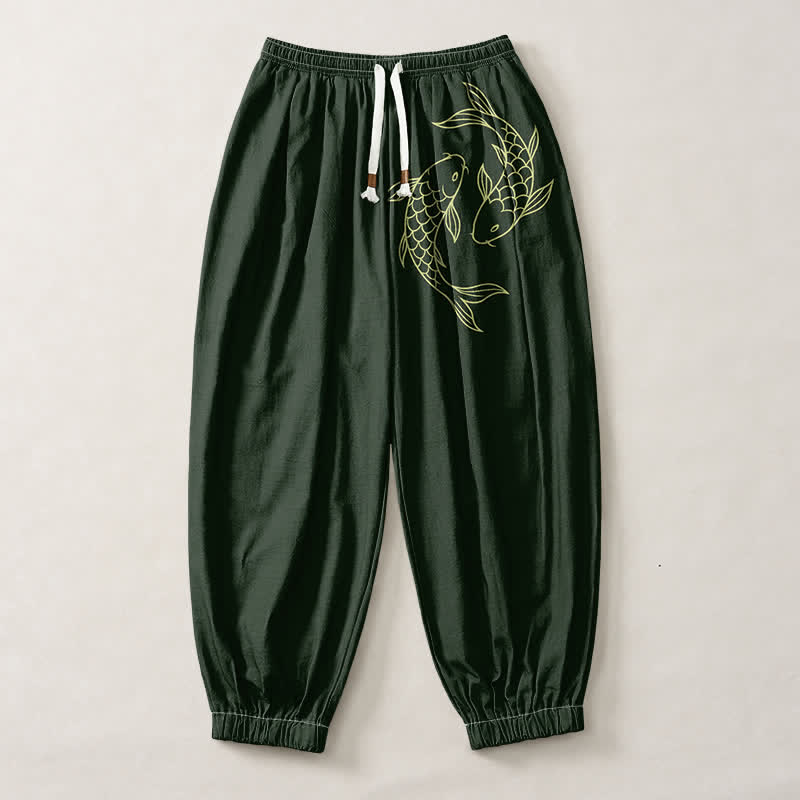 Buddha Stones Pure Cotton Double Koi Fish Pattern Drawstring Men's Harem Pants With Pockets - image 7