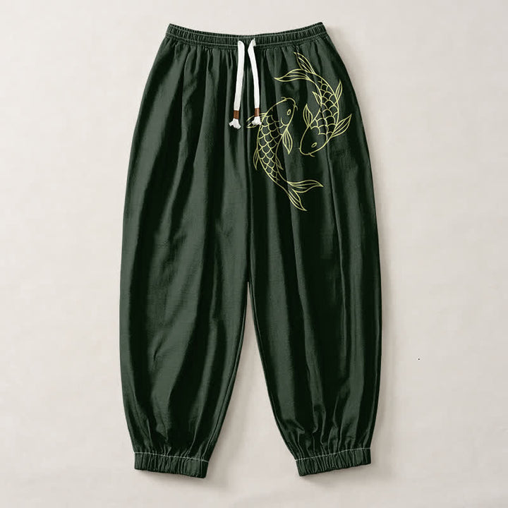 Buddha Stones Pure Cotton Double Koi Fish Pattern Drawstring Men's Harem Pants With Pockets - image 7