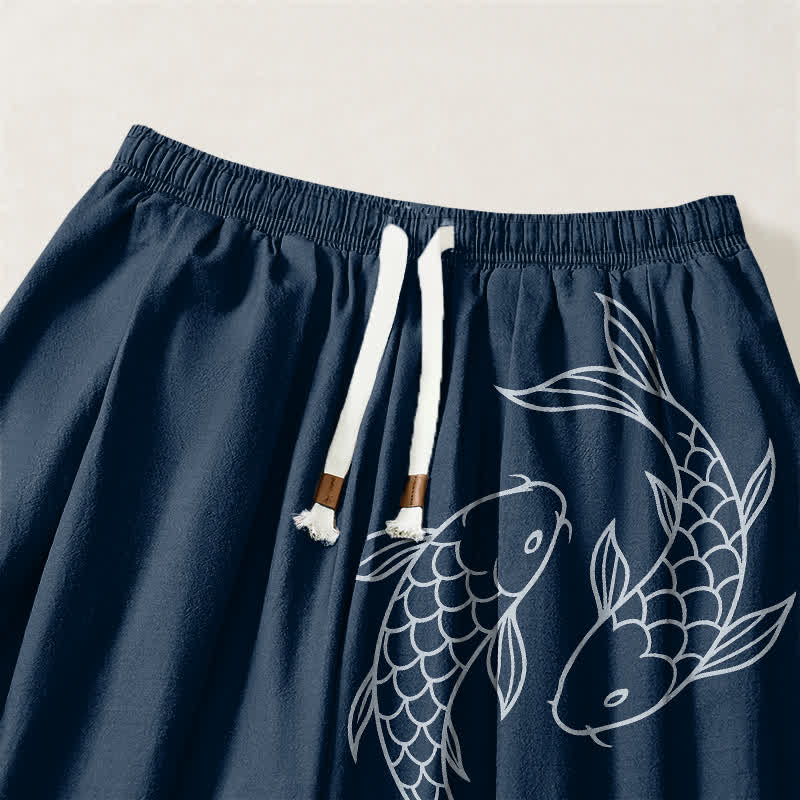 Buddha Stones Pure Cotton Double Koi Fish Pattern Drawstring Men's Harem Pants With Pockets - image 15