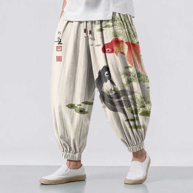 Buddha Stones Pure Cotton Koi Lotus Leaves Ink Pattern Drawstring Men's Harem Pants With Pockets - Beige - US/UK/AU50，EU60 (5XL) - image 0