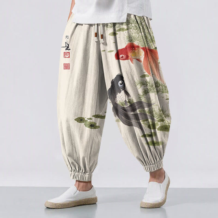 Buddha Stones Pure Cotton Koi Lotus Leaves Ink Pattern Drawstring Men's Harem Pants With Pockets - Beige - US/UK/AU50，EU60 (5XL) - image 0