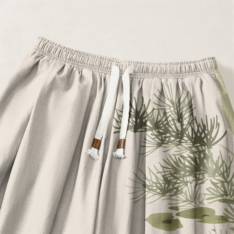 Buddha Stones Pure Cotton Koi Lotus Leaves Ink Pattern Drawstring Men's Harem Pants With Pockets - image 3