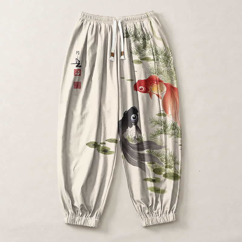 Buddha Stones Pure Cotton Koi Lotus Leaves Ink Pattern Drawstring Men's Harem Pants With Pockets - image 1