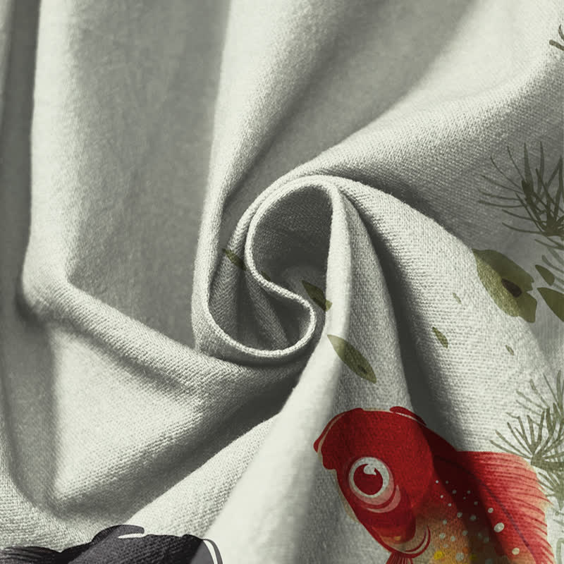Buddha Stones Pure Cotton Koi Lotus Leaves Ink Pattern Drawstring Men's Harem Pants With Pockets - image 11