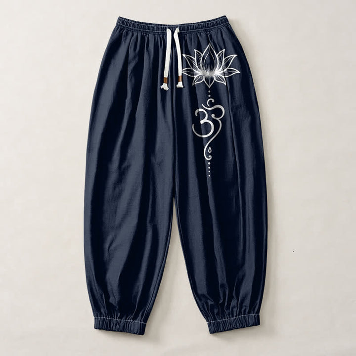 Buddha Stones Pure Cotton Lotus Om Pattern Drawstring Men's Harem Pants With Pockets - image 1