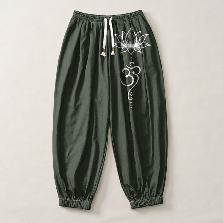 Buddha Stones Pure Cotton Lotus Om Pattern Drawstring Men's Harem Pants With Pockets - image 13