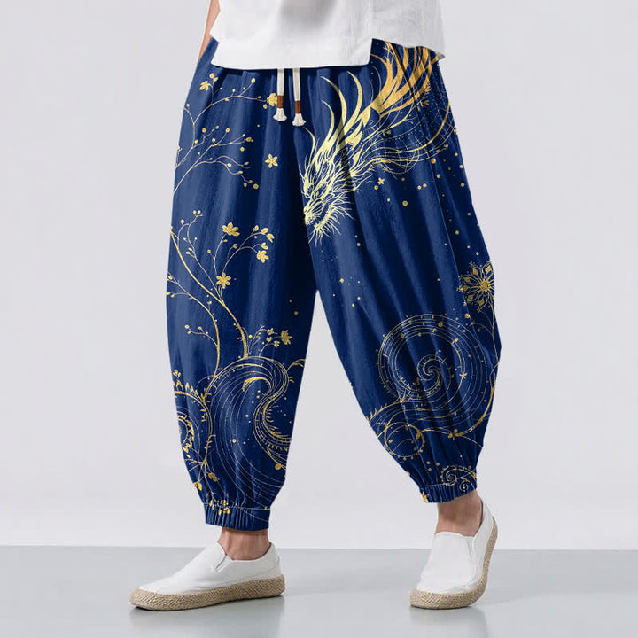 Buddha Stones Pure Cotton Golden Dragon Cloud Pattern Drawstring Men's Harem Pants With Pockets - Navy - US/UK/AU50，EU60 (5XL) - image 6