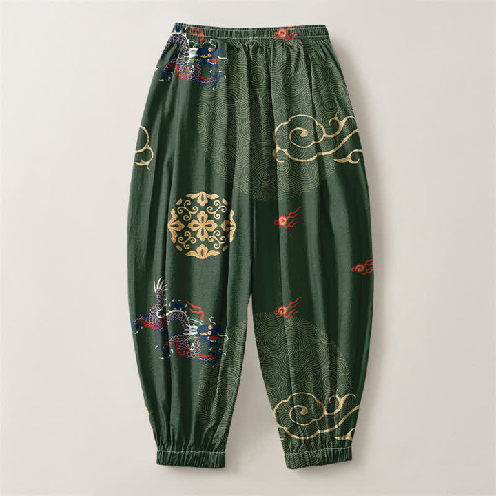 Buddha Stones Pure Cotton Dragon Golden Cloud Medallion Pattern Drawstring Men's Harem Pants With Pockets - image 2