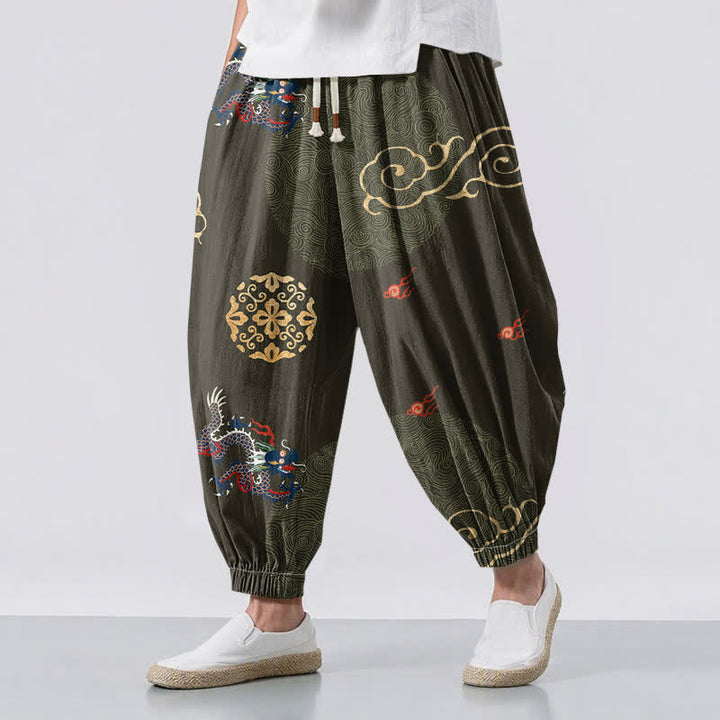 Buddha Stones Pure Cotton Dragon Golden Cloud Medallion Pattern Drawstring Men's Harem Pants With Pockets - DarkOliveGreen - US/UK/AU50，EU60 (5XL) - image 6