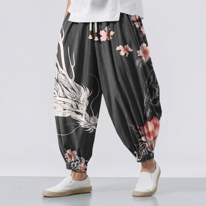 Buddha Stones Pure Cotton Dragon Sakura Lotus Pattern Drawstring Men's Harem Pants With Pockets - Black - US/UK/AU50，EU60 (5XL) - image 0