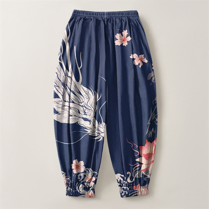 Buddha Stones Pure Cotton Dragon Sakura Lotus Pattern Drawstring Men's Harem Pants With Pockets - image 14