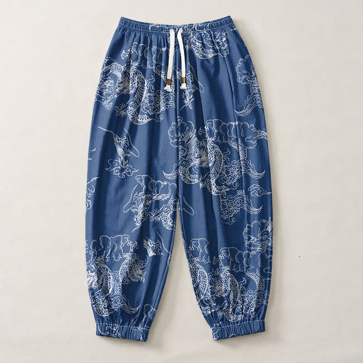 Buddha Stones Pure Cotton White Dragon Cloud Pattern Drawstring Men's Harem Pants With Pockets - image 1