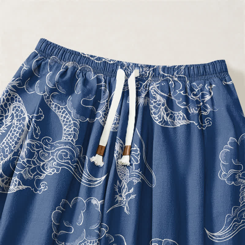 Buddha Stones Pure Cotton White Dragon Cloud Pattern Drawstring Men's Harem Pants With Pockets - image 3