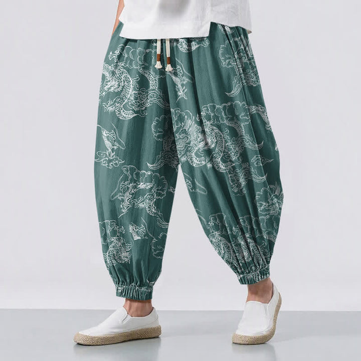 Buddha Stones Pure Cotton White Dragon Cloud Pattern Drawstring Men's Harem Pants With Pockets - SeaGreen - US/UK/AU50，EU60 (5XL) - image 6