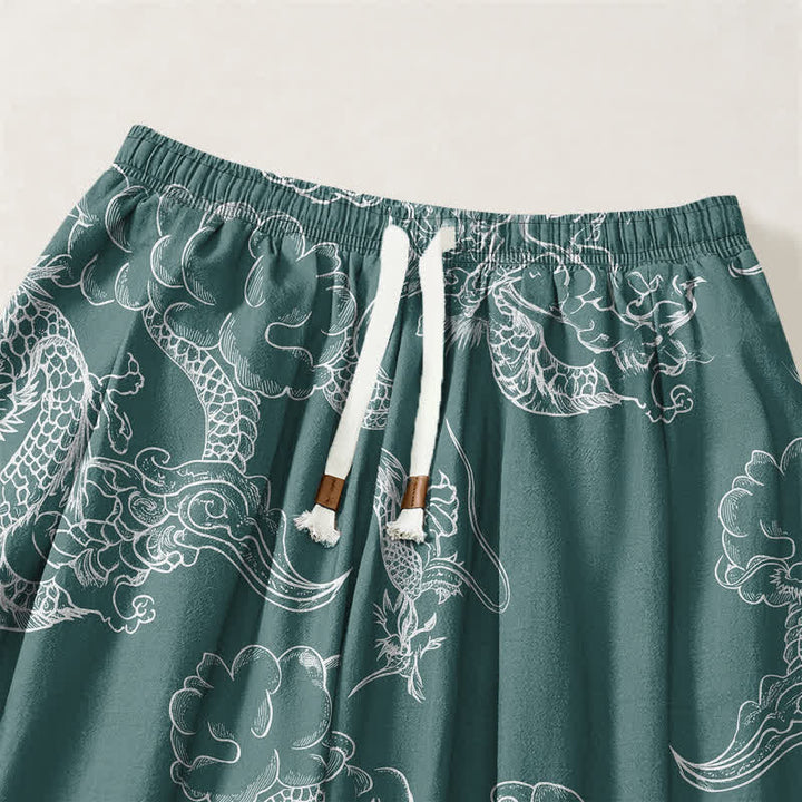 Buddha Stones Pure Cotton White Dragon Cloud Pattern Drawstring Men's Harem Pants With Pockets - image 9