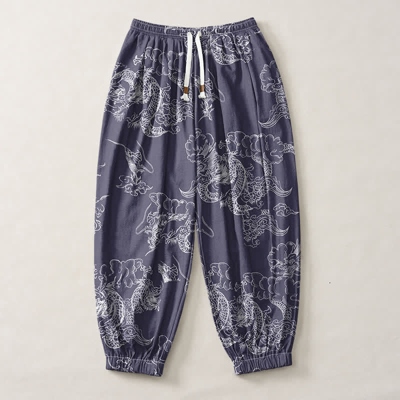 Buddha Stones Pure Cotton White Dragon Cloud Pattern Drawstring Men's Harem Pants With Pockets - image 13