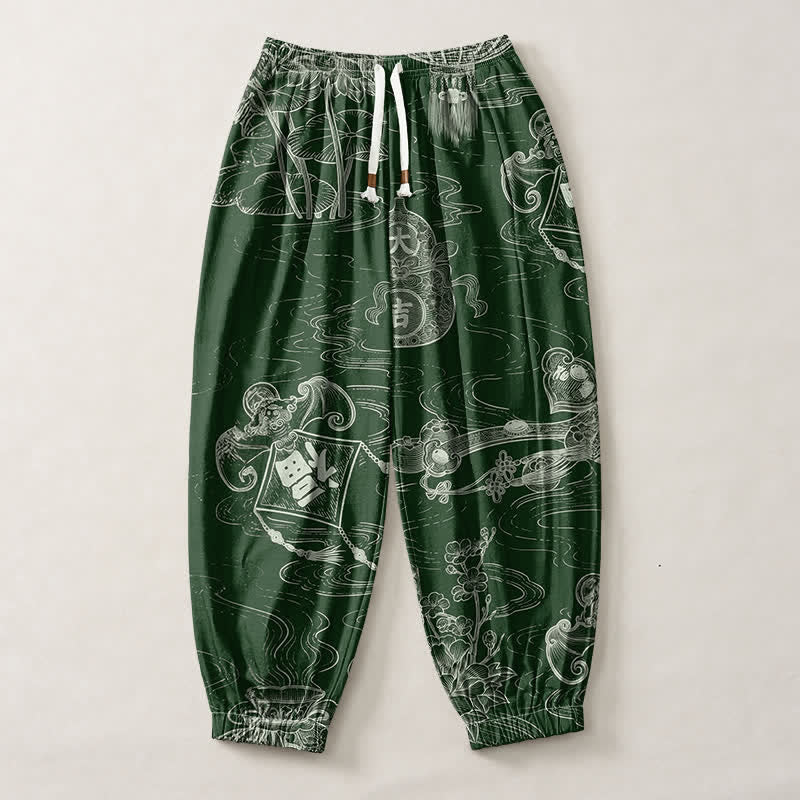 Buddha Stones Pure Cotton Auspicious Cloud Coin Script Pattern Drawstring Men's Harem Pants With Pockets - image 1
