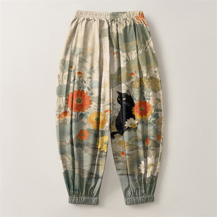 Buddha Stones Pure Cotton Vintage Floral Lotus Cat Pattern Drawstring Men's Harem Pants With Pockets - image 2