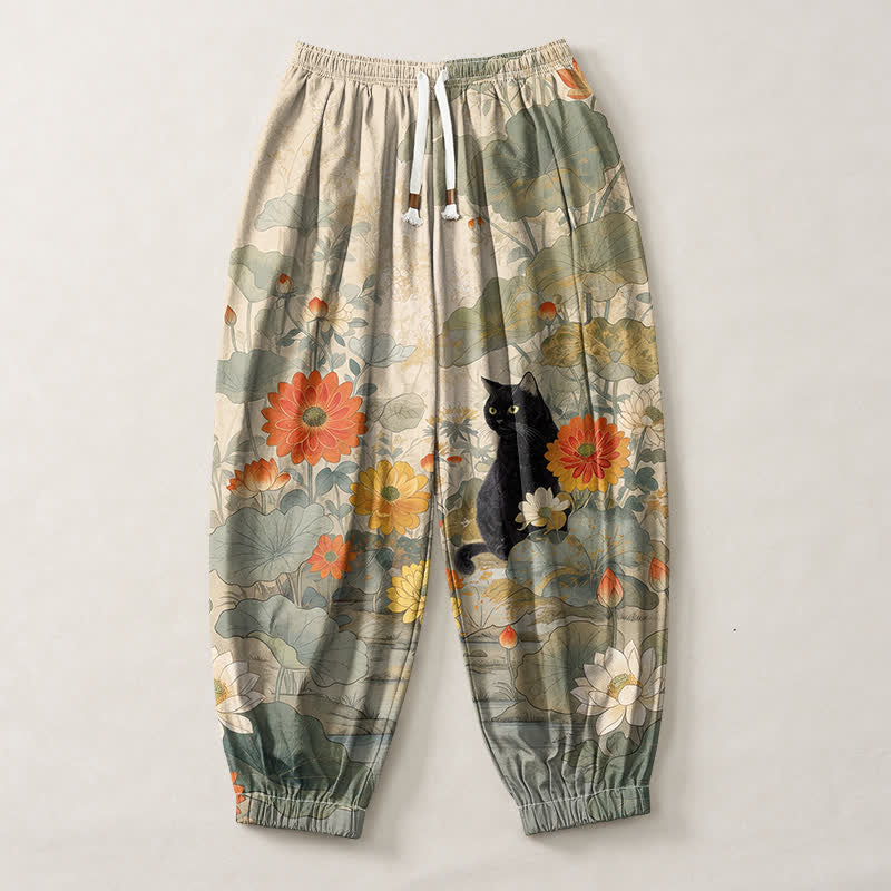 Buddha Stones Pure Cotton Vintage Floral Lotus Cat Pattern Drawstring Men's Harem Pants With Pockets - image 1