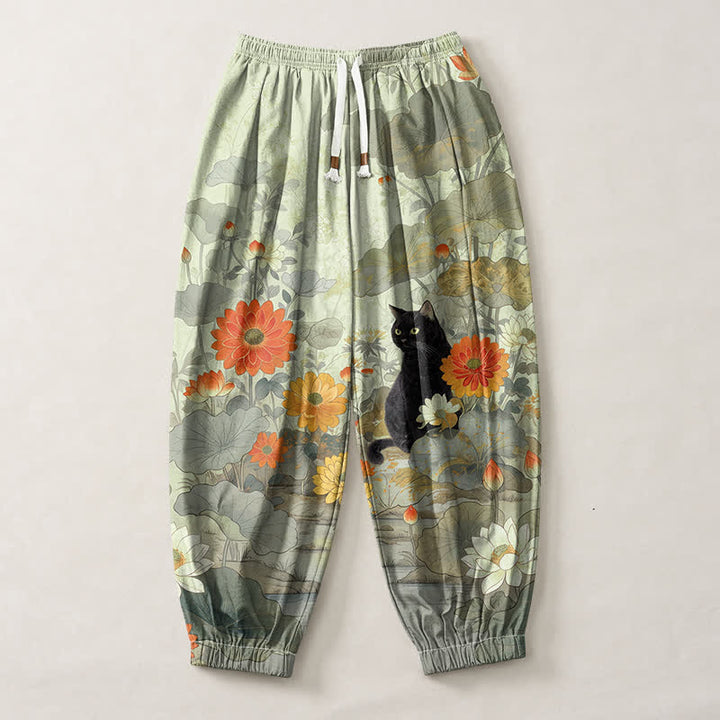 Buddha Stones Pure Cotton Vintage Floral Lotus Cat Pattern Drawstring Men's Harem Pants With Pockets - image 7