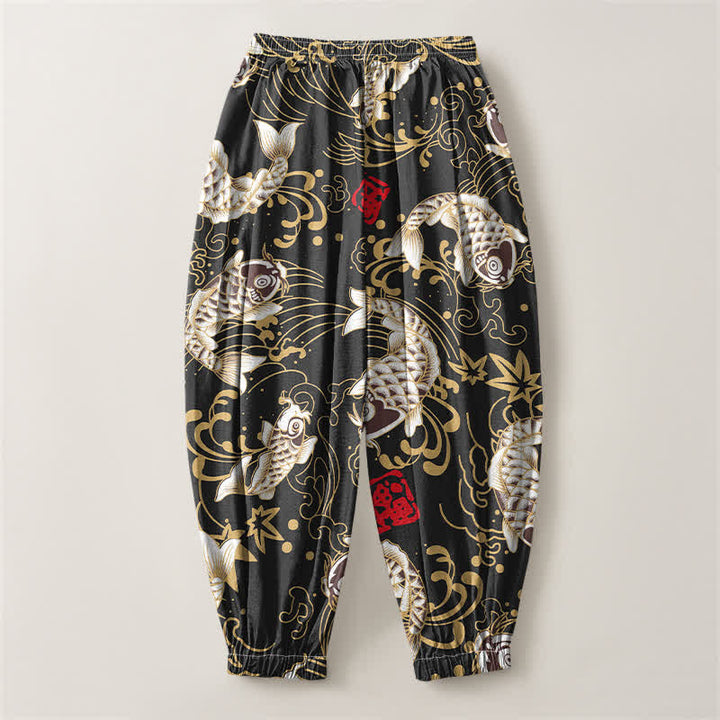 Buddha Stones Pure Cotton Koi Fish Ocean Waves Pattern Drawstring Men's Harem Pants With Pockets - image 2