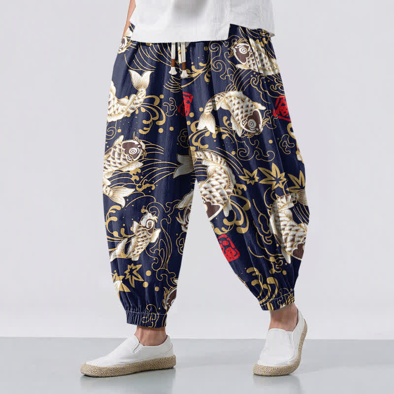 Buddha Stones Pure Cotton Koi Fish Ocean Waves Pattern Drawstring Men's Harem Pants With Pockets - Navy - US/UK/AU50，EU60 (5XL) - image 6