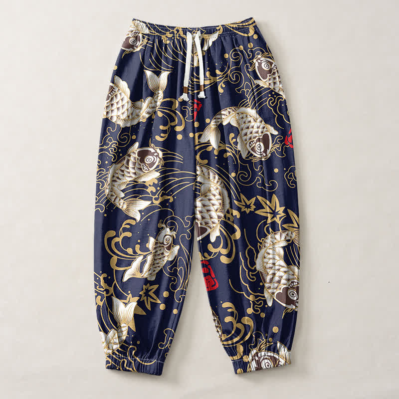 Buddha Stones Pure Cotton Koi Fish Ocean Waves Pattern Drawstring Men's Harem Pants With Pockets - image 7