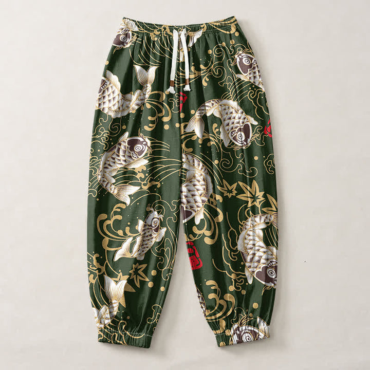 Buddha Stones Pure Cotton Koi Fish Ocean Waves Pattern Drawstring Men's Harem Pants With Pockets - image 13