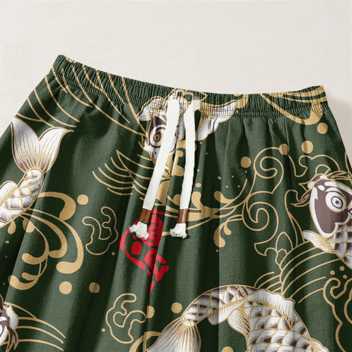 Buddha Stones Pure Cotton Koi Fish Ocean Waves Pattern Drawstring Men's Harem Pants With Pockets - image 15