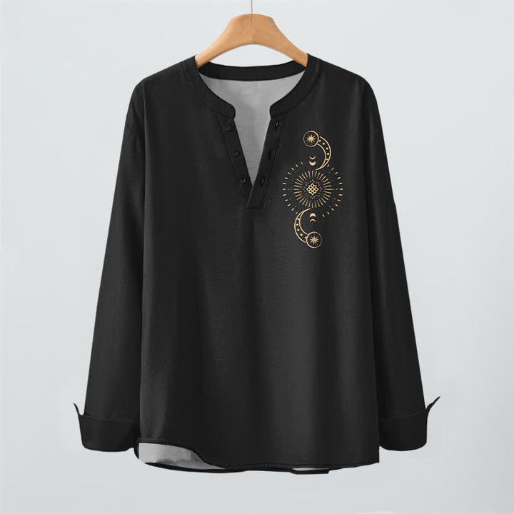 Buddha Stones Cotton Celestial Sun Moon Pattern V-Neck Buttons Men's Long Sleeve Shirts - image 2