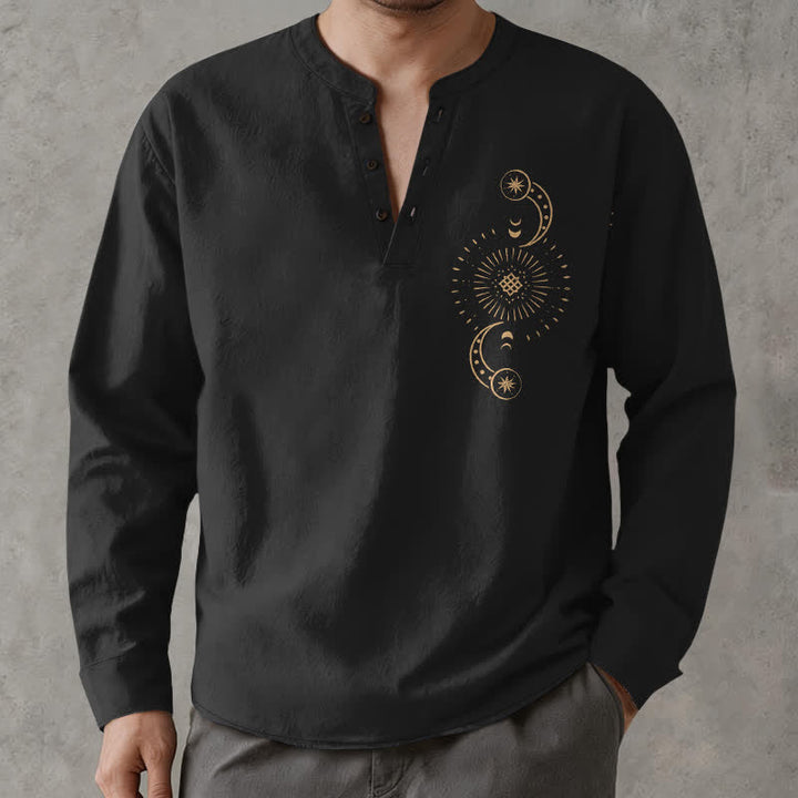 Buddha Stones Cotton Celestial Sun Moon Pattern V-Neck Buttons Men's Long Sleeve Shirts - image 1