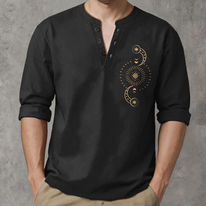Buddha Stones Cotton Celestial Sun Moon Pattern V-Neck Buttons Men's Long Sleeve Shirts - Black - US/UK/AU48，EU58 (4XL) - image 0