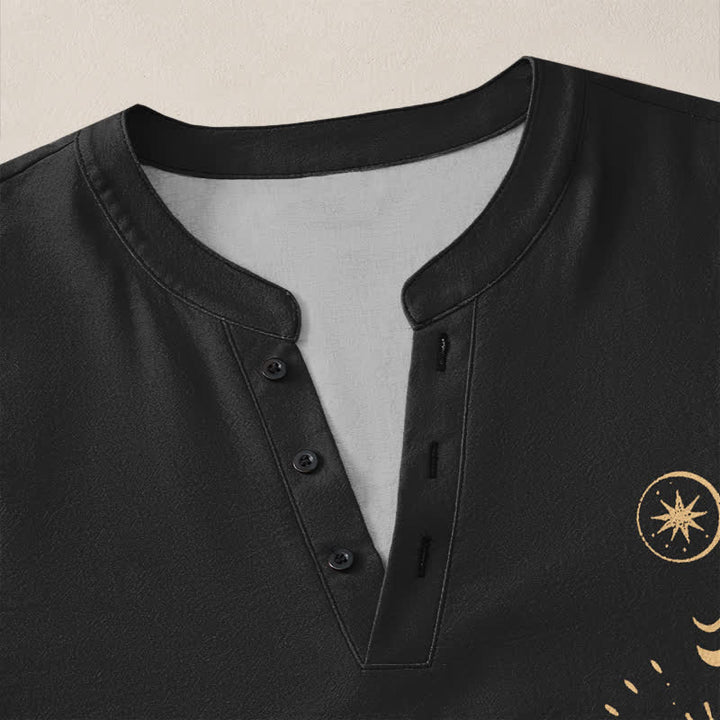Buddha Stones Cotton Celestial Sun Moon Pattern V-Neck Buttons Men's Long Sleeve Shirts - image 4