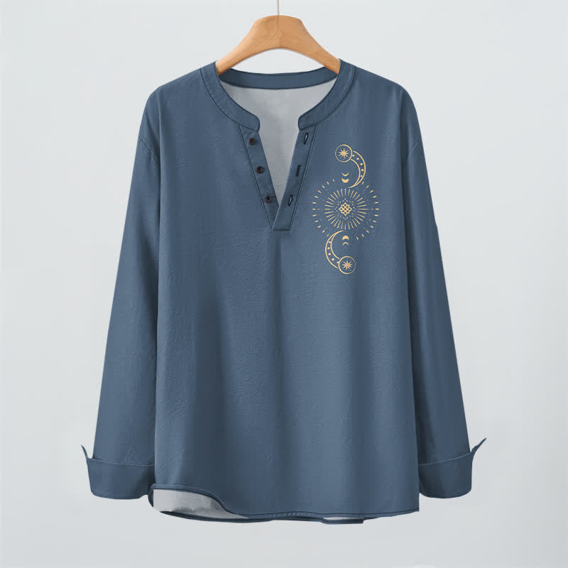 Buddha Stones Cotton Celestial Sun Moon Pattern V-Neck Buttons Men's Long Sleeve Shirts - image 9