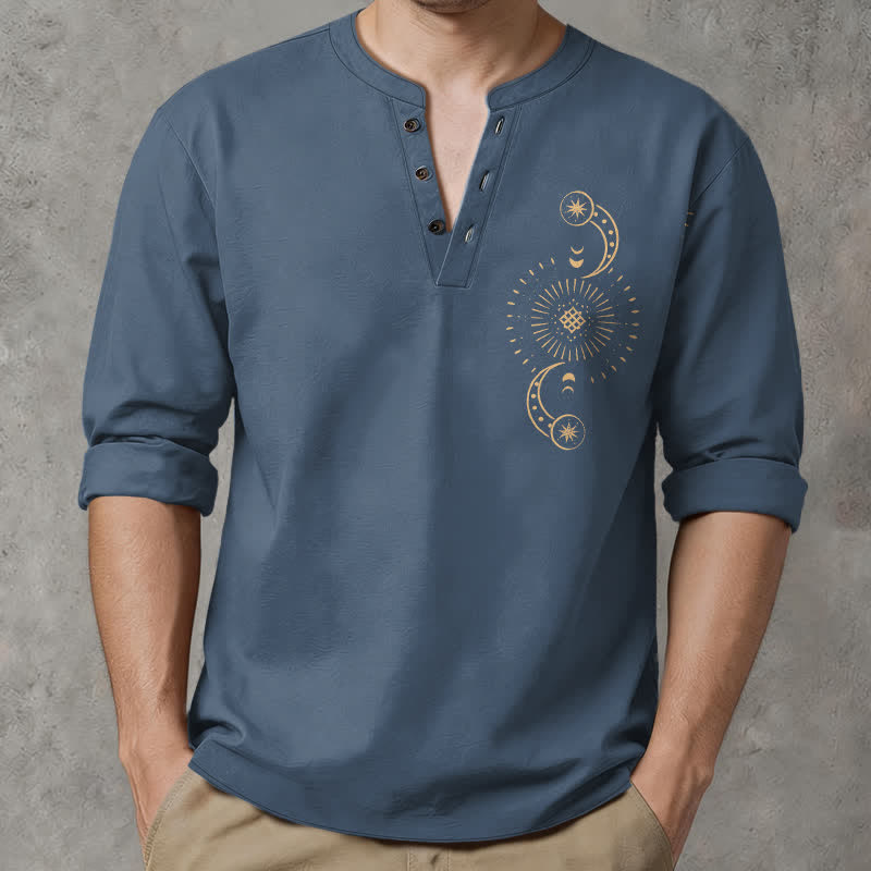 Buddha Stones Cotton Celestial Sun Moon Pattern V-Neck Buttons Men's Long Sleeve Shirts - SteelBlue - US/UK/AU48，EU58 (4XL) - image 7