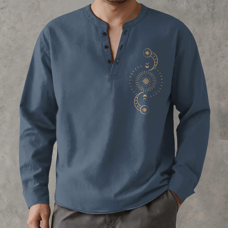 Buddha Stones Cotton Celestial Sun Moon Pattern V-Neck Buttons Men's Long Sleeve Shirts - image 8