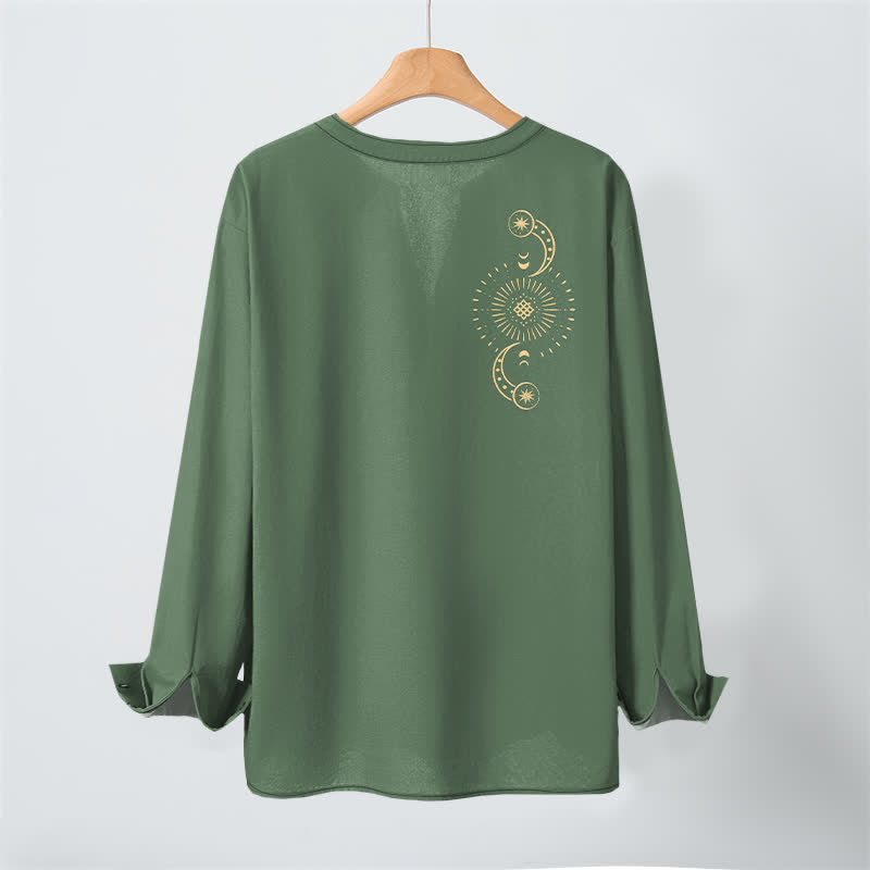 Buddha Stones Cotton Celestial Sun Moon Pattern V-Neck Buttons Men's Long Sleeve Shirts - image 17