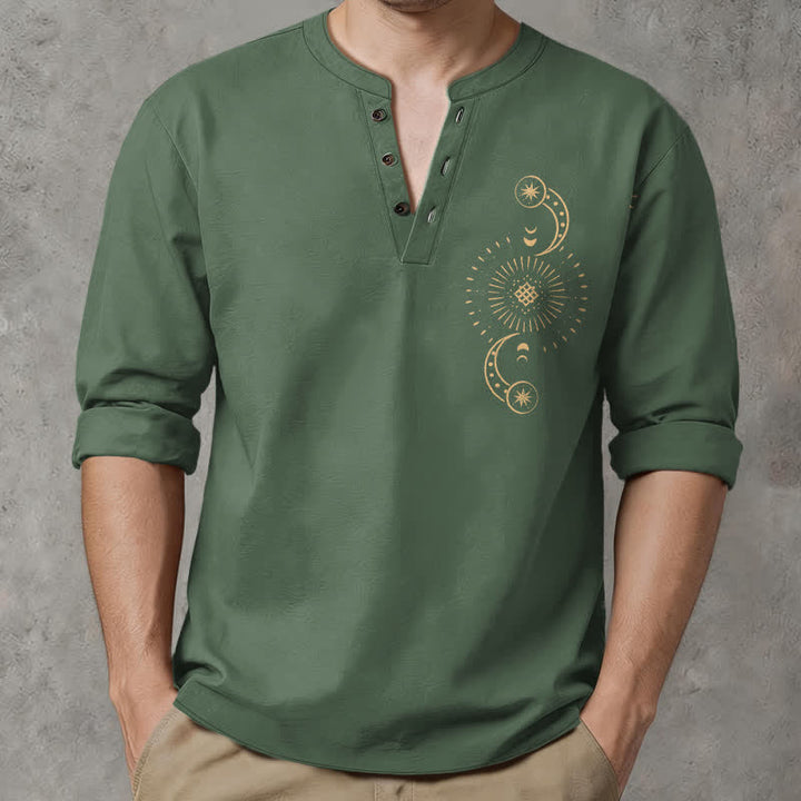 Buddha Stones Cotton Celestial Sun Moon Pattern V-Neck Buttons Men's Long Sleeve Shirts - MediumSeaGreen - US/UK/AU48，EU58 (4XL) - image 14