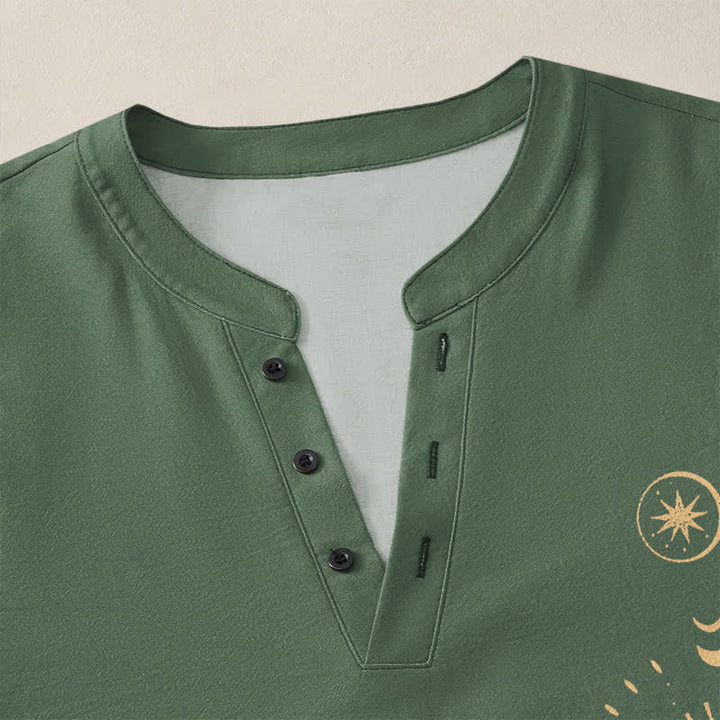 Buddha Stones Cotton Celestial Sun Moon Pattern V-Neck Buttons Men's Long Sleeve Shirts - image 18