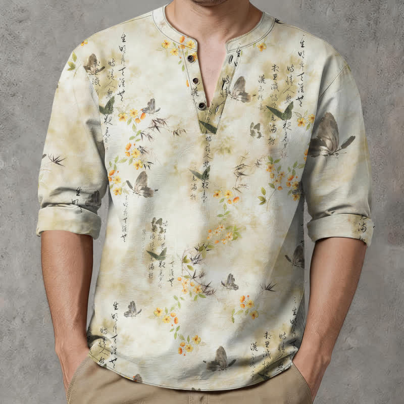 Buddha Stones Cotton Butterfly Floral Calligraphy Pattern V-Neck Buttons Men's Long Sleeve Shirts - image 1
