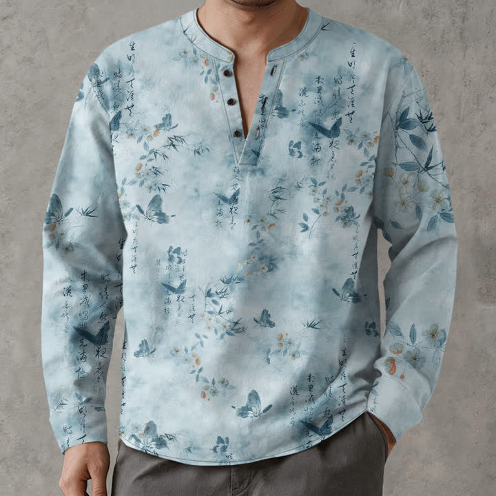 Buddha Stones Cotton Butterfly Floral Calligraphy Pattern V-Neck Buttons Men's Long Sleeve Shirts - LightBlue - US/UK/AU48，EU58 (4XL) - image 7
