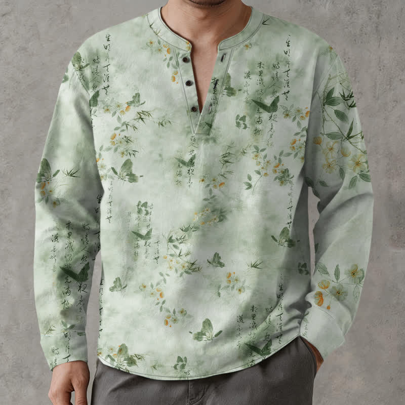 Buddha Stones Cotton Butterfly Floral Calligraphy Pattern V-Neck Buttons Men's Long Sleeve Shirts - Honeydew - US/UK/AU48，EU58 (4XL) - image 14